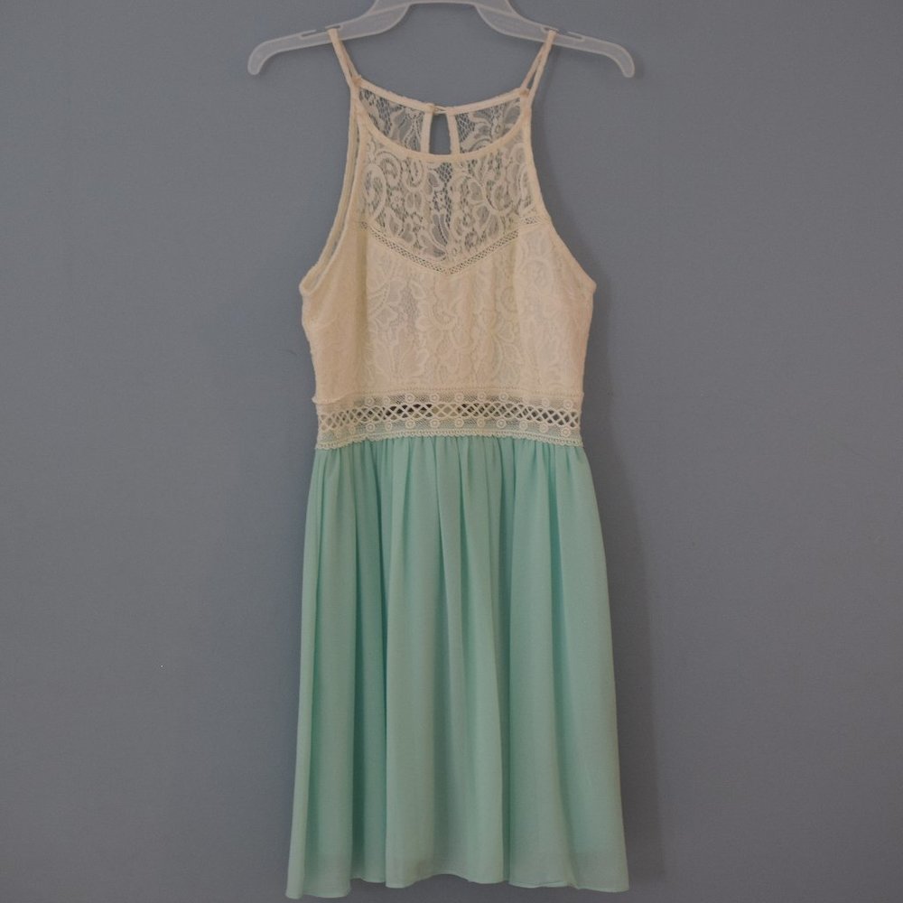 Teal and Cream Lace Semiformal Knee-length Dress